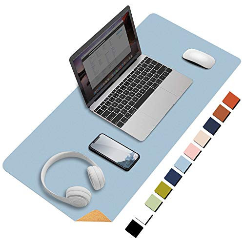 HOMIEAZICOZI Large Natural Cork  and  Leather Desk PadDouble-Sided Desk Protector Waterproof Keyboard Mouse Pad for Office-Home-Gaming-Decor-Light Blue23.6"x 11.8" -
