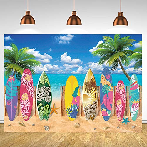 Fotupuul Summer Surfboard Beach Themed Party Photography Background Surfs Up Seaside Tropical Hawaiian Island Sea Sky Sunshine Luau Aloha Decorations Backdrop -7x5FT-