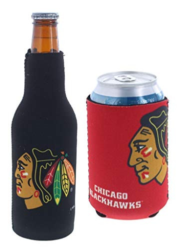 NHL Hockey Team Color Logo Can  and  Bottle Holder Insulator Beverage Cooler Set -Chicago- Blackhawks