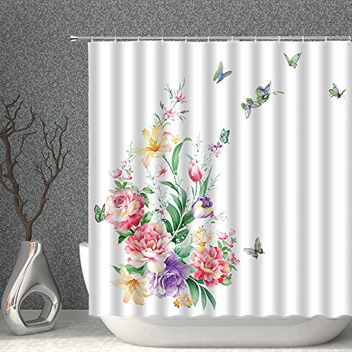 AMNYSF Peony Flower Decor Shower Curtain Spring Floral Butterfly Pink Purple Green Fabric Polyester Bathroom Curtains with Hooks 70x70 Inch