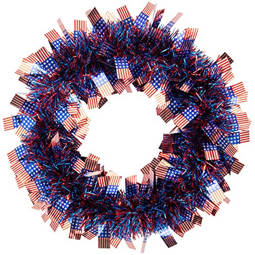 Patriotic 4th of July Wreath with USA Flag- Americana Metallic Tinsel Wreath with America Stars and Stripes Flags for Independence Day Memorial Day Veterans Day Front Door Wall Decorations