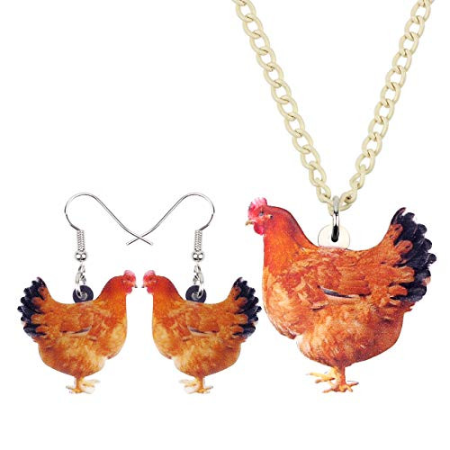 DUOWEI Acrylic Chicken Rooster Drop Earrings Necklace Sets Cute Farm Hen Jewelry for Women Teens Kids -Brown- DUOWEI Acrylic Chicken Rooster Drop Earrings Necklace Sets Cute Farm Hen Jewelry for Women Teens Kids -Brown-