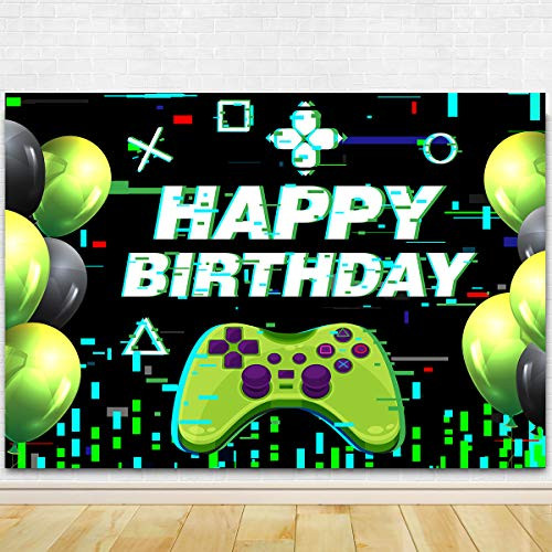 Video Game Theme Birthday Party Photography Backdrop - Pixelated Video Game Bday Party Background Cake Table Boy Birthday Wall Decorations 71 x 49 inch -Green-