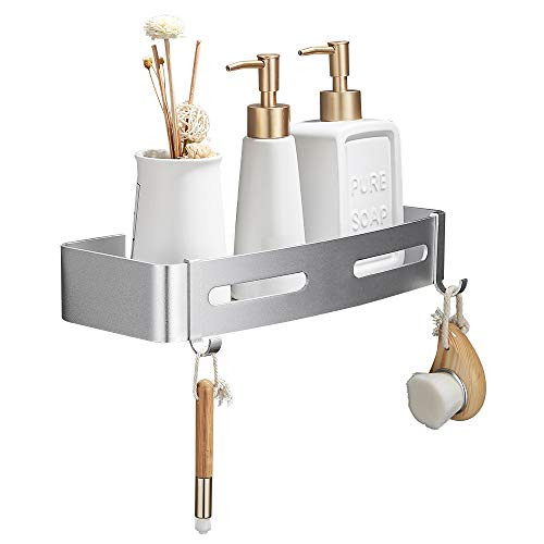 AUNGZONE Bathroom Shelf Wall Mount Rustproof Nail Free Glue+ Adhesive Shower Caddy Organizer Aluminum,Silver