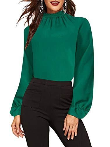 Romwe Women's Elegant Printed Stand Collar Long Sleeve Workwear Blouse Top Shirts Green Plain L