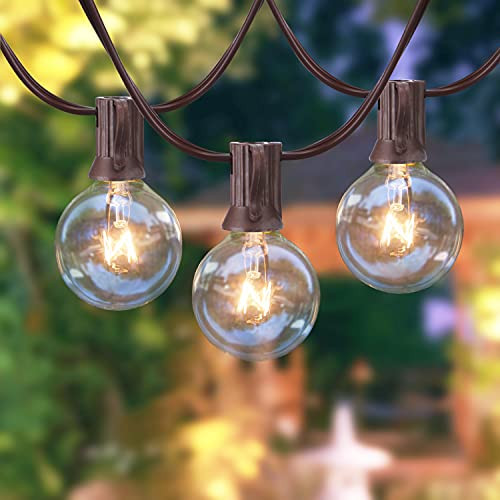 25Ft G40 Outdoor String Lights with 15 Clear Bulbs -3 Spare- Warm White Connectable String Lights for Party Patio Indoor Outdoor Decor 5W E12 Socket Base Brown Wire