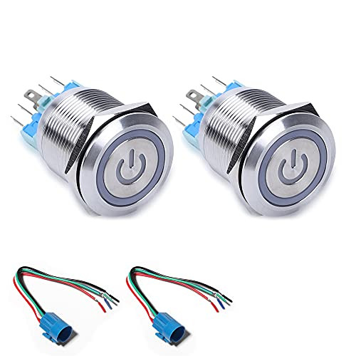 Monrand 2 Pcs Latching Push Button Switch12V DC ON-Off Self-Locking Latching Push Button Switch Waterproof LED Light Toggle Switches with Wire Socket Plug Mounting Hole -White 22MM-