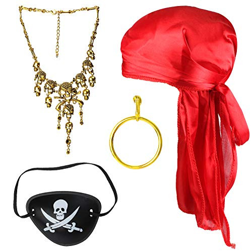 Beelittle Halloween Pirate Costume Accessories Durag Long-Tail Headwraps Silky Pirate Cap Pirate Eye Patch Gold Earring Necklace Pirate Role Play Set -Red 2-