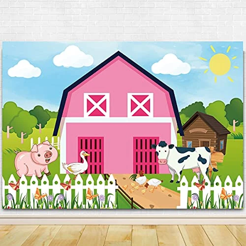 Farm Animal Photography Backdrop for Birthday Party Baby Shower - Pink Farm Animals Barn Birthday Bday Party Background Cake Table Outside Yard Indoor Outdoor Decorations 71 x 49 inch