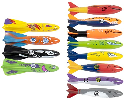 Red Co. 12pk Sinking Torpedo Swim Toys Toypedo Bandits Pool Diving Toys for All Ages  Colors  and  Designs May Vary