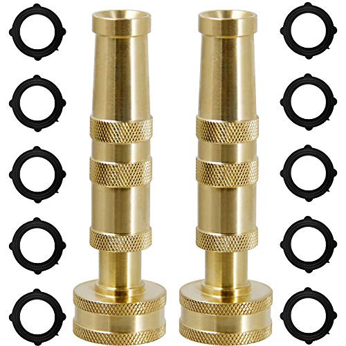 Triumpeek Solid Brass Hose Nozzle 3-4" Adjustable Twist Water Hose Nozzle 2 Pack Heavy Duty Brass Garden Hose Nozzle with 10 Rubber Washers