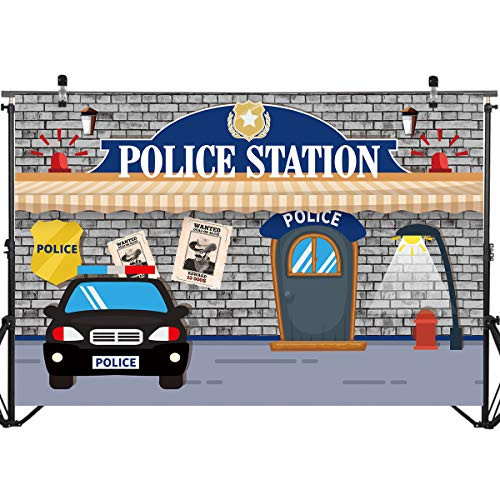 Police Theme Happy Birthday Backdrop Banner DecorationsPolice Station Party Backdrop Background Banner Birthday Baby Shower Photo Booth Props Cake Table Decor 71 x 49 inch