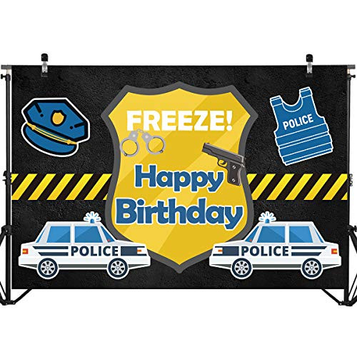 Police Theme Happy Birthday Backdrop Banner DecorationPolice Officer Party Backdrop Background Banner Birthday Baby Shower Photo Booth Props Cake Table Decor 71 x 49 inch