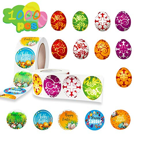 Easter Stickers for Kids 14 Pattern with 1000 PSC Roll Stickers Happy Easter Stickers Easter Egg Stickers Assorted Vibrant Colors and Designs Easter Stickers for Cards Art and Craft