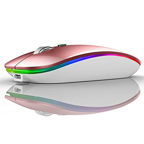 LED Wireless Mouse Uiosmuph G12 Slim Rechargeable Wireless Silent Mouse 2.4G Portable USB Optical Wireless Computer Mice with USB Receiver and Type C Adapter -Rose Gold-