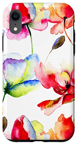 iPhone XR Red Orange and Blue Poppies Tulips Watercolor Paint Pattern Case