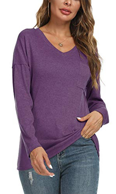 NILOUFO Womens Casual Blouses Long Sleeve T Shirts V Neck Tunic Tops with Pocket-Purple X-Large-