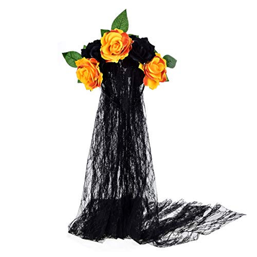 June Bloomy Day of the Dead Headpiece Rose Floral Crown Veil Halloween Costume Mexican Headband -Orange Black-