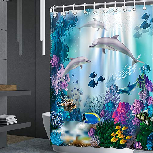 OTOSTAR Shower Curtain Set for Bathroom with 12 Hooks Polyester Fabric Machine Washable Waterproof Shower Curtains 72 x 72 Inch -Dolphin-