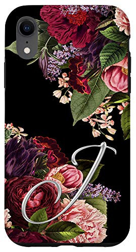 iPhone XR Vintage floral Maroon blush initial letter J monogram Case
