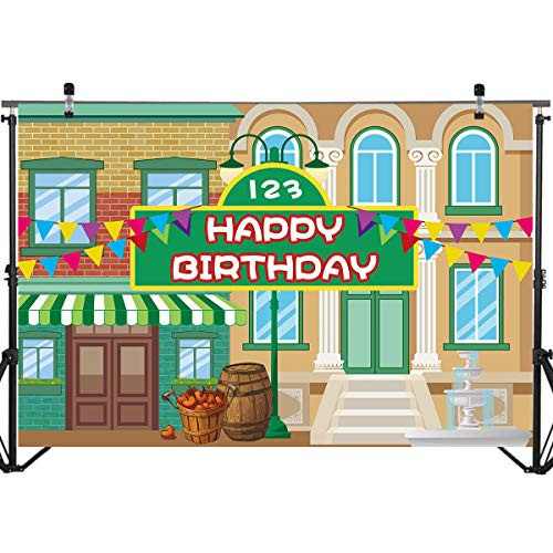 Cartoon Street Happy Birthday Backdrop Banner for Boys Girls Photography - Cartoon Wall Birthday Party Backdrop Background Photo Booth Props Cake Table Decorations Supplies 71 x 49 inch