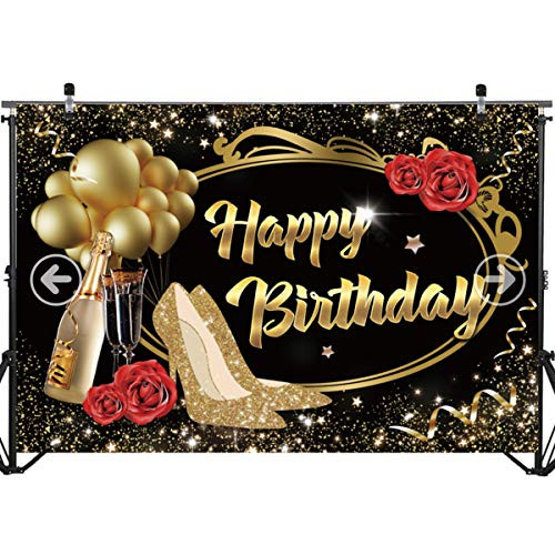 Glitter Gold Happy Birthday Backdrop Banner Decorations for WomenFloral Balloons Heels Party Backdrop Background Banner Birthday Baby Shower Photo Booth Props Cake Table Decorations 71 x 49 inch