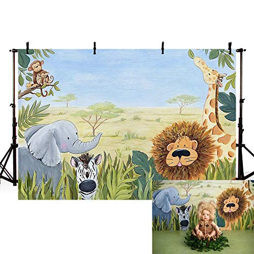 MEHOFOND Boy Birthday Photography Backdrop Happy Birthday Wild Animal Party Decoration Baby Shower Woodland Elephant Lion Photography Background Cake Table Banner Photo Studio Props Vinyl 7x5ft