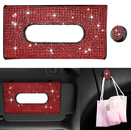 Dyshuai Sparkling Bling Car Visor Tissue Holder Mask Holder Tissue Box PU Leather Crystals Tissue Case for Women Gilrs with Glitter Hook Clip Bling Car Accessories -Black with Red Diamond-