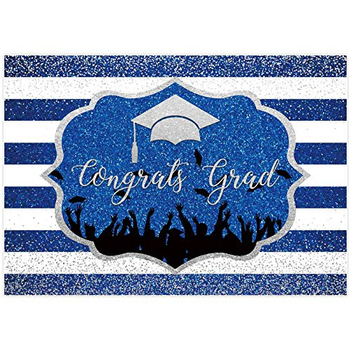 Allenjoy 7x5ft Congrats Grad Class of 2021 Backdrop Glitter Blue White Stripes Graduation Academic Cap Photography Background for Boys Girls Celebration Prom Party Decor Banner Photo Booth Props