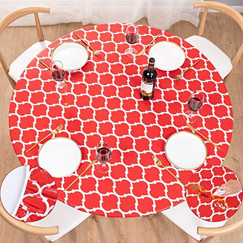 UMINEUX Round Fitted Vinyl Tablecloth with Elastic Edged and Flannel Backing Waterproof Wipeable Round Table Cover for Indoor Patio Use - Fits Tables up to 40" - 44" Diameter-Red Moroccan- UMINEUX Round Fitted Vinyl Tablecloth with Elastic Edged and Flannel Backing Waterproof Wipeable Round Table Cover for Indoor Patio Use - Fits Tables up to 40" - 44" Diameter-Red Moroccan-