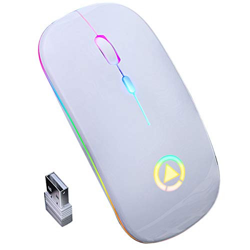 Wireless Mouse Gaming Laptop 2.4GHz Wireless Optical Mouse with RGB Backlit USB Rechargeable for PC Computer-White-