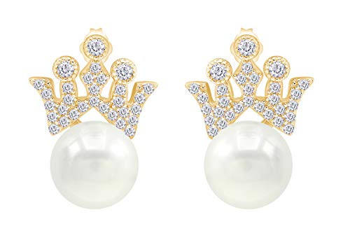 925 Sterling Silver Simulated Freshwater Culture Pearl 10mm Cubic Zirconia Princess Royal Tiara Crown Stud Earrings for Women