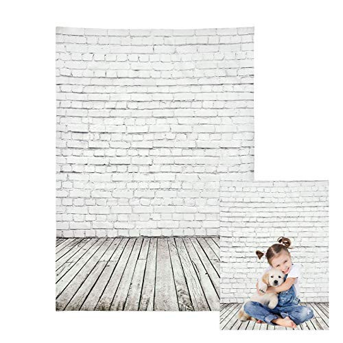 5x7ft White Brick Wall with Gray Wooden Floor Photography Backdrop Newborn Baby Cake Smash Backdrops for Photoshoot Child Kids 1st Birthday Photo Backdrops Background Props