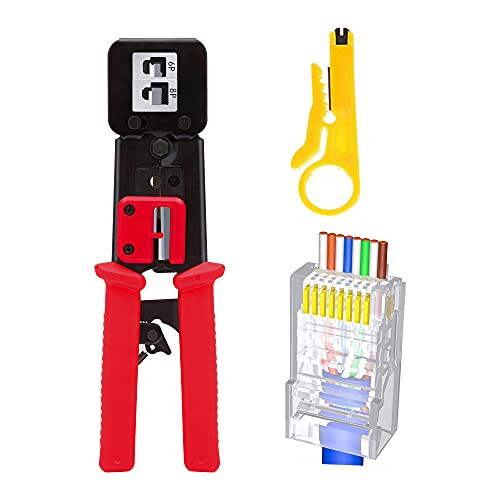 LEATBUY Cat6a Cat5 Cat5e RJ45 Pass Through Crimping Tool Ethernet Crimper Pass-Thru Network Crimping Tool Wire Stripper Cutter-Rose red-