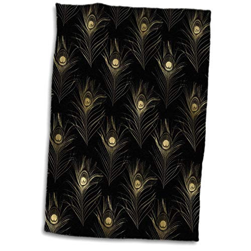3dRose Hand towel-15 x 22 inches Flag Gold Peacock Feathers on Black Pattern