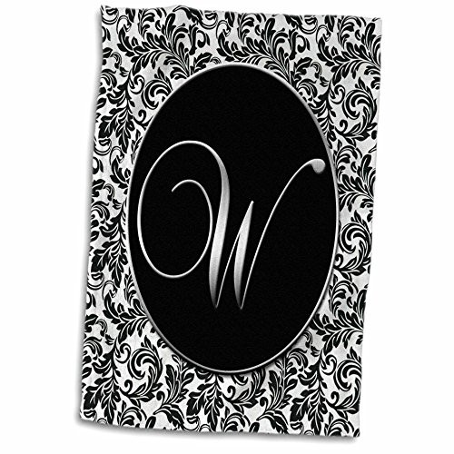 3D Rose Letter W - Black and White Damask TWL_38772_1 Towel 15" x 22"