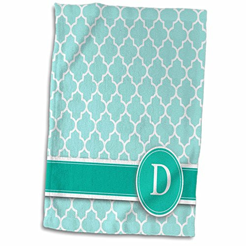 3D Rose Letter D Aqua Blue Quatrefoil Pattern Teal Turquoise Mint Monogrammed Personal Initial Towel 15" x 22" Multicolor