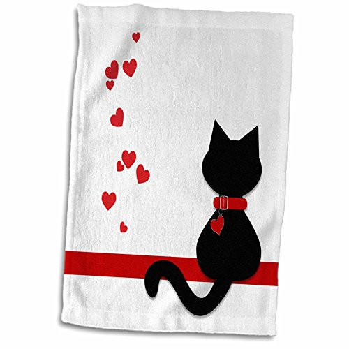 3D Rose Pet Lovers Red Hearts Black Kitty Cat Towel 15" x 22"