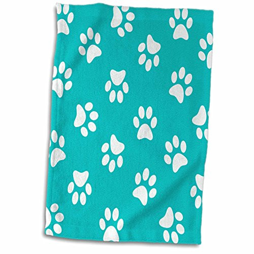 3D Rose Teal Blue and White Paw Print Pattern-Turquoise Pawprints-Cute Animal Eg Dog Or Cat Footprints Towel 15" x 22" Multicolor