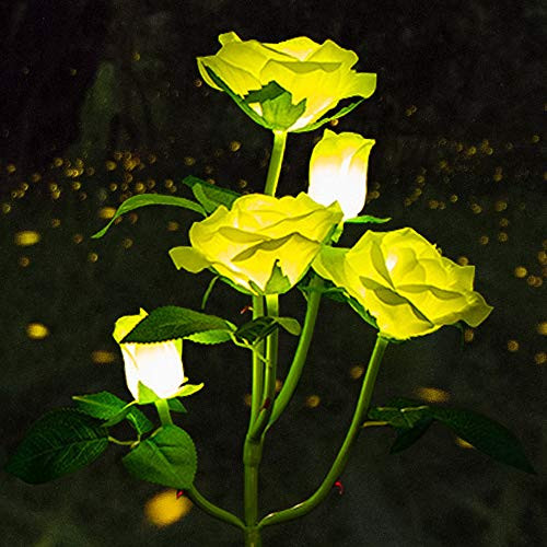 Solar Garden Stake Lights Rose Flowers Lights LED Yellow Solar Stake Lights with 5 Roses Waterproof for Garden Yard Christmas Pathway Grave Decor