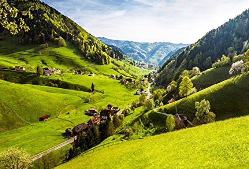CSFOTO 6x4ft Background for Village Mountain Landscape Photography Backdrop Green Meadow Farm Hill Beautiful Natural Scenery Rural Scene Top View Tour Vacation Photo Studio Props Polyester Wallpaper