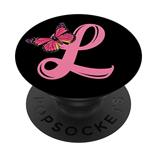 Pink Letter L Initial Butterfly Design Personalized Monogram PopSockets PopGrip- Swappable Grip for Phones  and  Tablets
