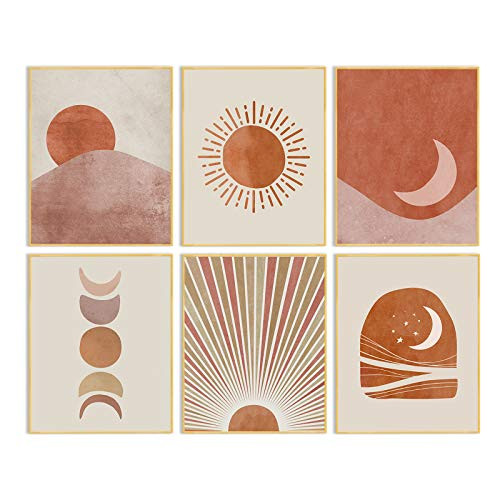 Boho Wall Decor Art Prints - Minimalist Mid Century Modern Abstract Line Artwork Bohemian Pictures Sun Moon Posters Canvas Painting Home Living Room Bedroom Bathroom Decorations 8x10inches Unframed