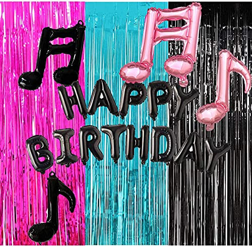 TIK Tok Birthday Decorations TIK TOK Party Photo Backdrop TIK Tok Party Decorations Fuchsia Black Teal Foil Curtains-Music Note Happy Birthday Balloons for TIK Tok Party