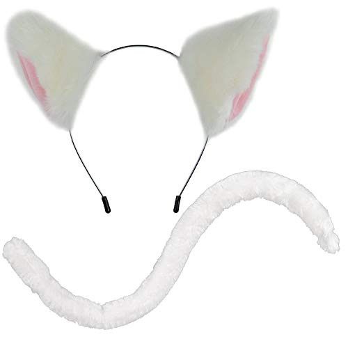E-TING White Cat Ears and Tail Set Cat Ear Clips and Long Tail Cosplay Costume Set Animal White Ear Clips  and  White Hair Clip