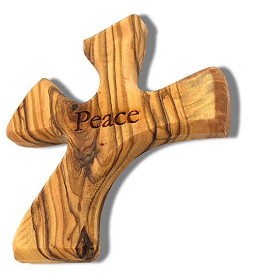 Olive Wood Prayer Cross- Hand Held Cross Made to Perfectly Fit in Your Hand -Peace-