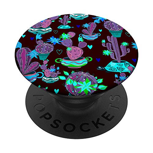 Black base Teal Purple Cacti Cactus Doodle Pattern PopSockets PopGrip- Swappable Grip for Phones  and  Tablets