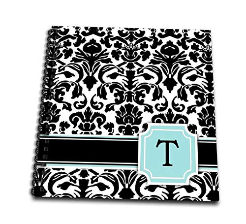 3dRose db_154369_3 Letter T Personal Monogrammed Mint Blue Black and White Damask Pattern Classy Personalized Initial Mini Notepad 4" x 4"