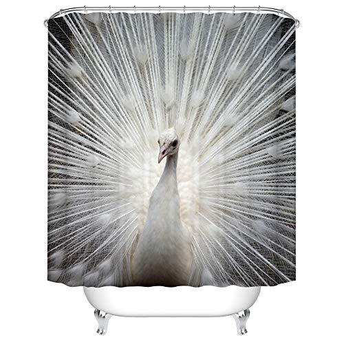 Gray Peacock Bathroom Shower Curtain - Fangkun Polyester Fabric White Peacock Opening Design Bath Curtains Art Decor Set - 12pcs Shower Hooks - 72 x 72 inches