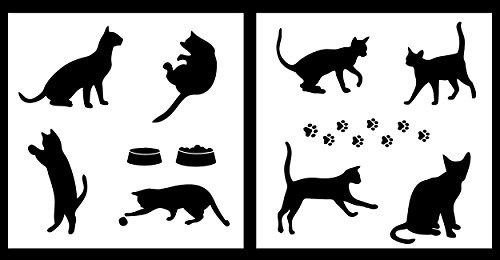 Auto Vynamics - STENCIL-CATSET01-10 - Detailed Cats  and  Cat Accessories Stencil Set - Includes Many Different Cats  and  Paw Prints! - 10-by-10-inch Sheets - -2- Piece Kit - Pair of Sheets
